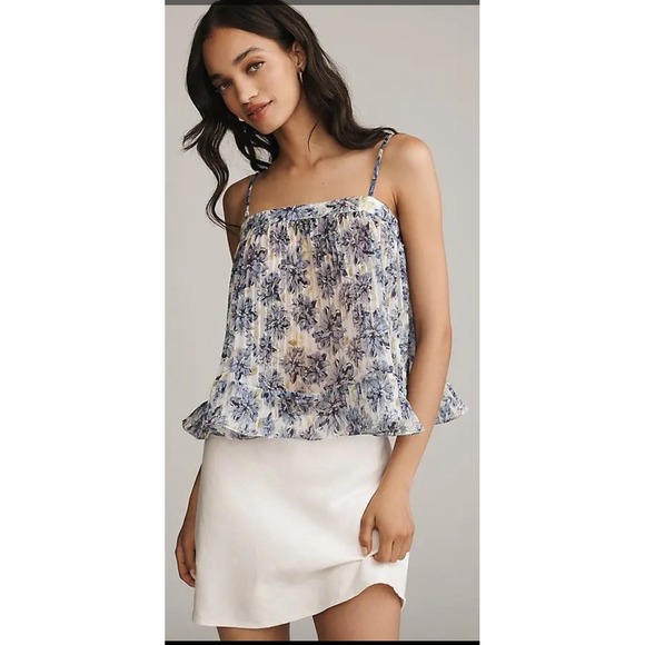 En Saison Blue Odessa Floral Pleated Babydoll Cami Top Ruffle Hem Womens Medium - Picture 2 of 13